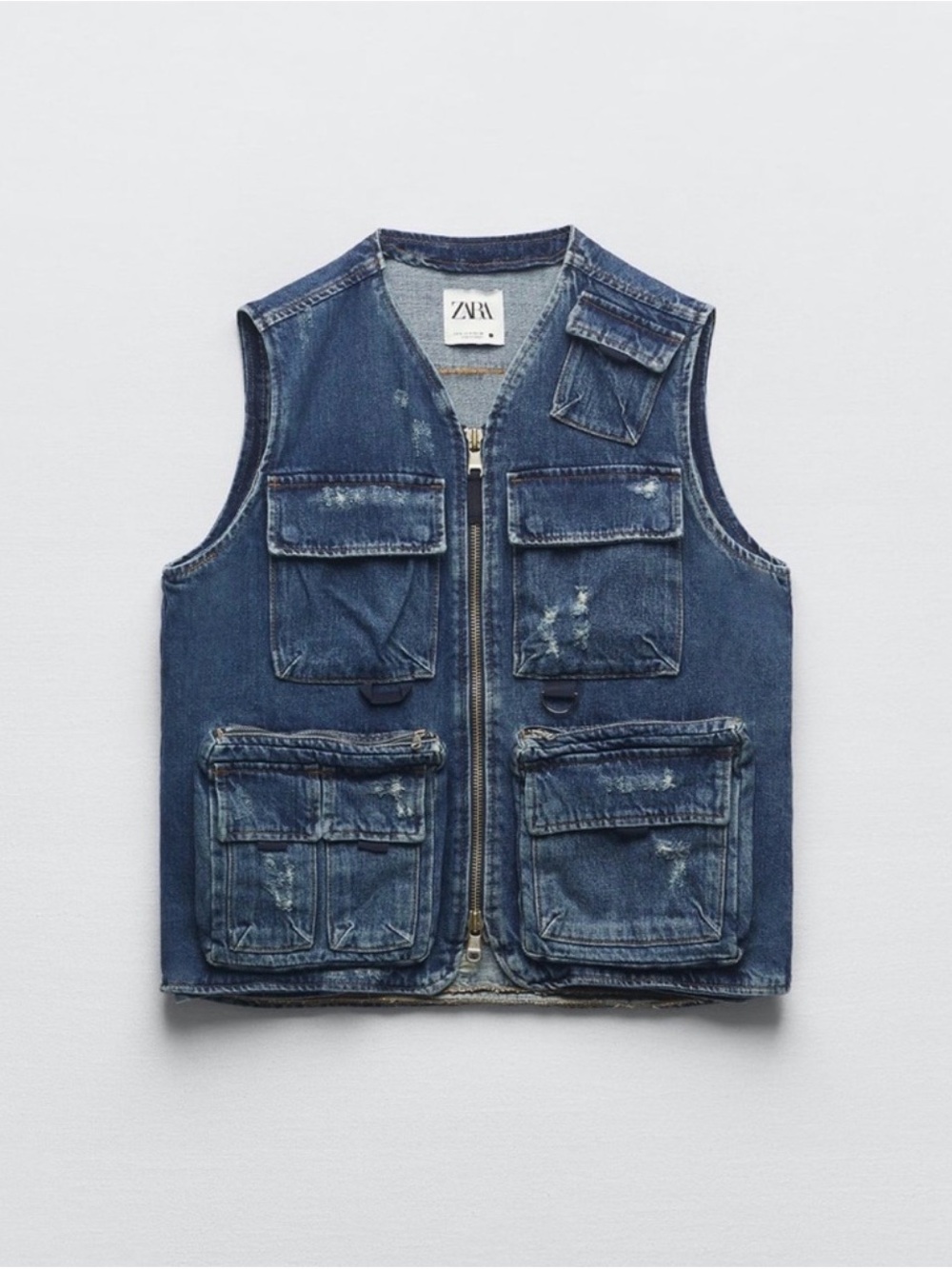 ZARA Blue Distressed Denim Cargo Vest